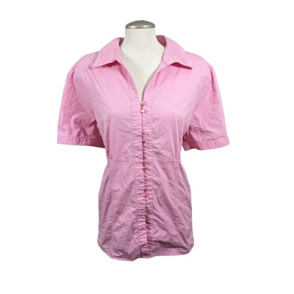 Womens MXM Plus Size 24 Button Up Blouse Pink Puff Short Sleeve Fitted Stretch - Picture 1 of 6